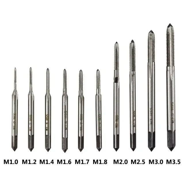 Ten taps laid out with sizes marked from M1.0 to M3.5